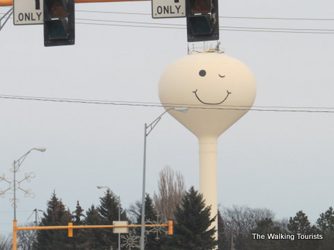 Grand Forks water tower. This side has a wink. The other side both eyes are open.