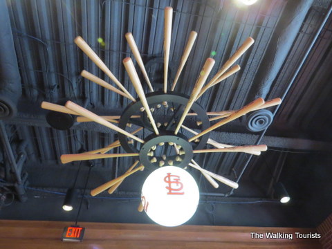 Ceiling fans at Cardinals Nation Restaurant has baseball bats 