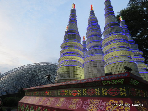 Pagoda lit up during Lantern Festival at Missouri Botanical Gardens