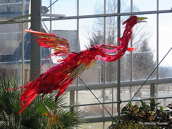 A red phoenix flies above the trees.
