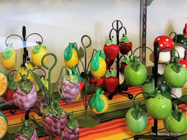 Salt and pepper shaker sets in designs as fruits and vegetables.