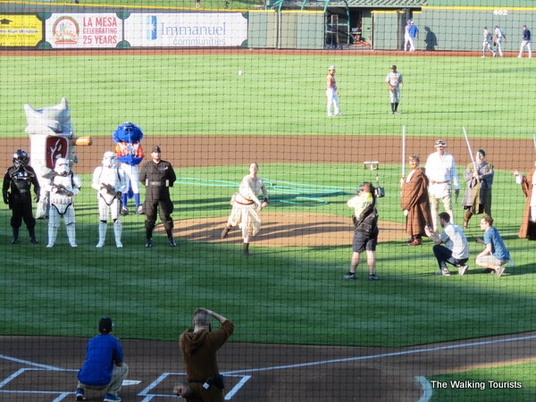 Rey throws out the ceremonial first pitch on Star Wars Night.
