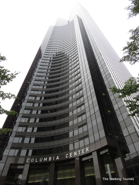 Looking up, you can barely see the top of the Columbia Center on a cloudy day,
