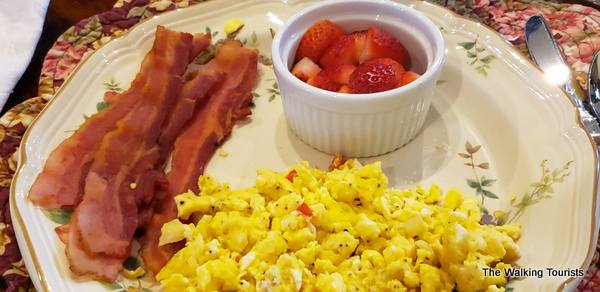 Scrambled eggs and bacon for breakfast