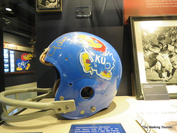 Kansas football helmet on display.
