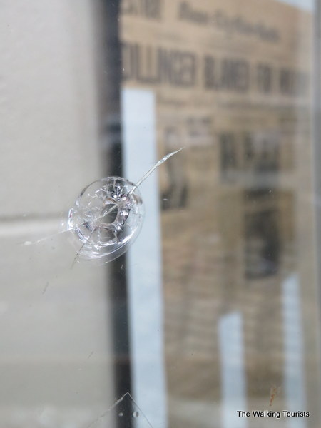 A piece of glass with a bullet hole from when gangster John Dillinger robbed a local bank.