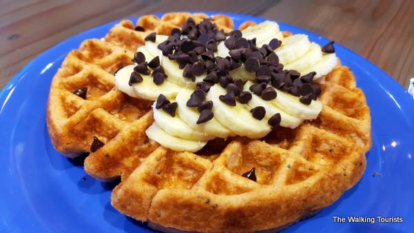 Waffle with Chocolate chips and bananas