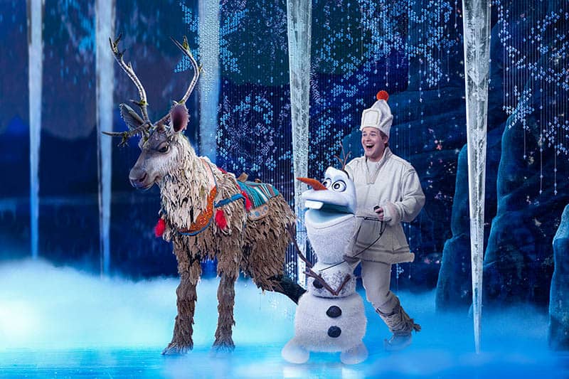 Olaf and the Reindeer come to life through full size puppets during Frozen the Musical